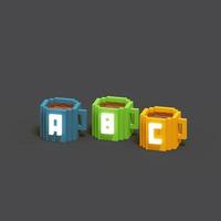 Representación de vóxel 3d de la ilustración de la taza de café del alfabeto con un esquema de color azul, verde, naranja, blanco y gris. perfecto para ilustración en banner de promoción de bebidas