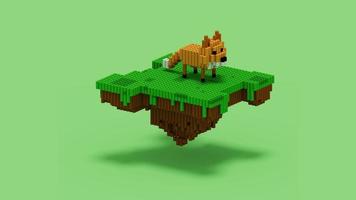 Representación 3d de la isla de zorro flotante con estilo de vóxel de cilindro y también con esquema de color naranja, marrón, blanco, negro y verde. perfecto para referencias de personajes de juegos