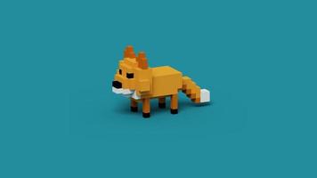3D rendering of a cute fox animal using voxel style and isolated in blue background. Also using orange, black and white color scheme photo