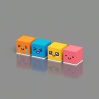 Representación 3d de voxel de lindo cubo con expresiones. utilizando un esquema de color naranja, azul, amarillo, rosa y gris. foto