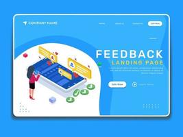 Isometric feedback landing page illustration template. Customer support get feedback message on 3d mobile phone.