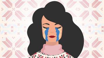 A woman cries in the colors of the Ukrainian flag. Pray for peace in Ukraine. Vector illustration.