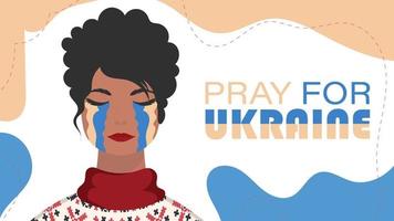 Pray for Ukraine. The girl sheds tears in the color of the flag of Ukraine. Vector illustration.