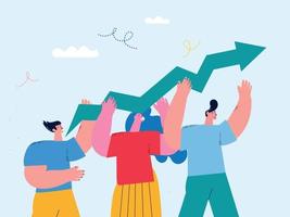 Team work, cooperation, corporate organization, partnership, business graph growth, leadership, innovative business approach, unique ideas and skills, people holding arrow flat vector illustration