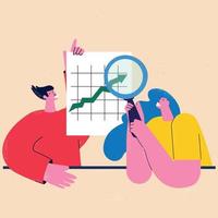 Business growth concept, arrow showing progress, business monitoring and evaluation, analyzing, chart rise, graph going up, business people at work flat vector illustration