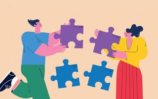 Team work, partnership, collaboration, problem solving, innovative business approach, strategy and planning concept. People joining puzzle pieces together flat vector illustration design