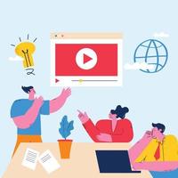 Video streaming, video conference, business webinar flat vector illustration design. Online video presentation, business and educational training, business people meeting