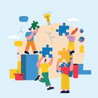 Team work, team building, corporate organization, partnership, problem solving, innovative business approach, brainstorming, unique ideas and skills, people with puzzle pieces flat vector illustration
