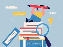 Education, learning, teaching flat vector illustration. Classes, lessons, training courses, tutorials, books and research, library, searching for a book concept for mobile and web graphics
