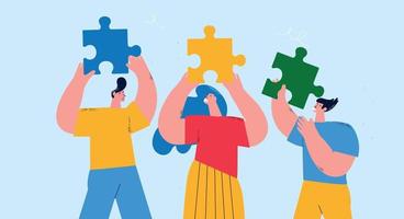 Teamwork and team building, corporate organization and partnership, problem solving, creative solution, innovative business approach, brainstorming, unique ideas and skills flat vector illustration