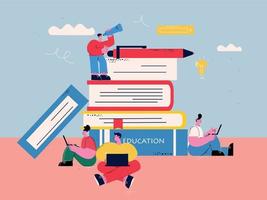 educación, aprendizaje, enseñanza de ilustración vectorial plana. clases, lecciones, cursos de formación, tutoriales, exámenes, libros e investigaciones, biblioteca, concepto de aprendizaje en línea para gráficos móviles y web vector