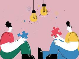 Man and woman with puzzle piece, creative work, brainstorming and ideas, innovative solutions, education and learning concept. Partnership, business start concept, flat vector illustration
