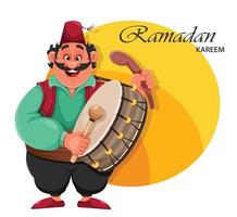 Ramadan Kareem. Funny cartoon character drummer vector