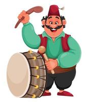 Ramadan Kareem. Funny cartoon character drummer vector