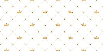 Seamless pattern in retro style with a gold crown and polka dots on white background. Cute wallpaper for little princesses. Vector illustration