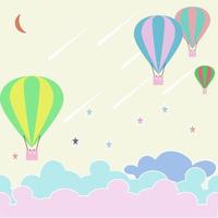 Picture of balloons floating in the sky, colorful balloons blue, pink, white, red and green,clouds floating in the sky with many stars and months in the sky. on a yellow background. vector