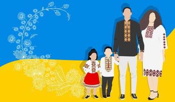 familia con camisas bordadas en el fondo de la bandera de ucrania. vector