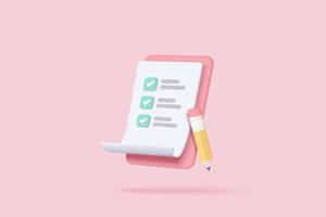 3d white clipboard task management todo check list with pencil, efficient work on project plan, fast progress, level up concept, assignment and exam checklist icon. 3d vector render on pink background
