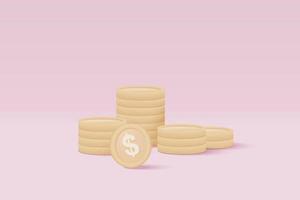 3D money coin saving on pastel background. coin stack growing business isolate concept, 3d money vector render for finance, investment, money earning illustration concept