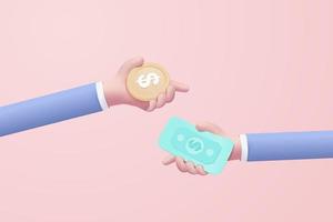3D money coin hand holding transfer to banknote for online payment concept, Bundles cash and floating coins exchange on pastel pink background. cashless society concept in 3d vector render