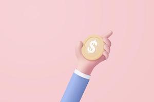 3D money coin hand holding on pastel pink background. holding money in business hand concept, online payment and payment 3d vector render concept. finance, investment, money saving on hand isolate