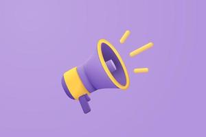 3d megaphone speaker or loudspeaker bullhorn for announce promotion, megaphone loudhailer with microphone mockup , speakerphone 3d vector render for alert and announcement on isolate purple background