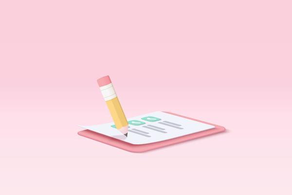 3d white clipboard task management todo check list with pencil, efficient work on project plan, fast progress, level up concept, assignment and exam checklist icon. 3d vector render on pink background