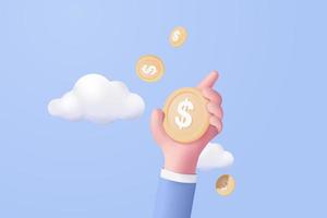 3D money coin hand holding with cloud on blue sky background. holding money in business hand concept, cloud online payment and payment 3d vector render concept. finance, money saving on isolated
