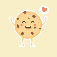 lindo personaje de galleta con chispas de chocolate de dibujos animados con cara divertida. Ilustración de vector de mascota de galleta feliz lindo aislado en blanco. concepto de diseño de menú para niños. Emoticon de comida de cara sonriente y sorprendida