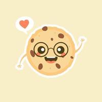 lindo personaje de galleta con chispas de chocolate de dibujos animados con cara divertida. Ilustración de vector de mascota de galleta feliz lindo aislado en blanco. concepto de diseño de menú para niños. Emoticon de comida de cara sonriente y sorprendida