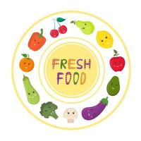 verduras y frutas frescas y saludables en un plato. linda ilustración de vector de comida infantil. ilustración de estilo de vida saludable para impresión, web. comida vegetariana sonriente.