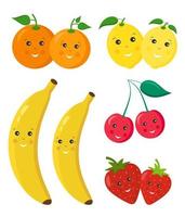 Set of cute smiling funny childish fruits. Banana, cherry, strawberry, lemon, orange. A couple of fruits. Design for the decoration of children's stationery, textiles, educational materials. vector