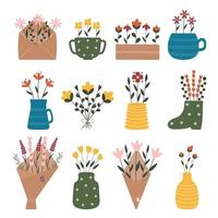 Big collection of cute spring garden flowers, bouquets in vase, pot, ceramic cup and craft paper. Illustration for floristic cards, gift tags, 8 of March and Easter decor, wedding gifts, invitation. vector