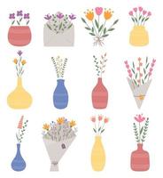 Spring garden flowers, bouquets in vase, pot, ceramic cup and paper. Hand Drawn Floral Element. Happy women's day March 8 collection. Botanical floral set of bouquets for wedding cards, invitation. vector