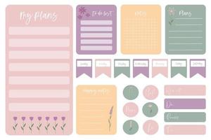 linda lista de tareas y plantilla de notas. papel de notas y pegatinas con flores en colores pastel. plantilla para agenda, horario, planificadores, listas de verificación, blocs de notas, postales y otros artículos de papelería vector