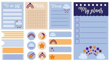 Set of weekly or daily planner, note paper, to do list, stickers templates with rainbow, stars, moon in trendy colors. Suitable for girls or kids. Template for agenda, schedule, planners, checklists. vector