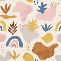 Seamless childish pattern with hand drawn abstract shapes, leaves and rainbows. Tropical summer, trendy, scandinavian kids fabric, wrapping texture, textile, wallpaper, poster, apparel. vector