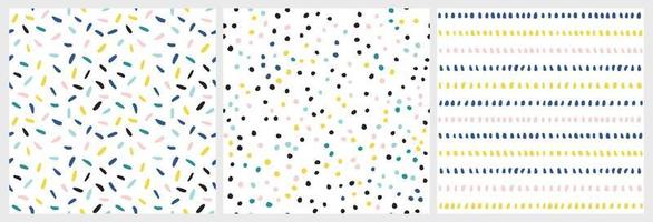Confetti vector pattern set. Collection of abstract festive seamless background with colorful sprinkles.