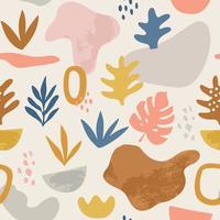 Seamless childish pattern with hand drawn abstract shapes, leaves and rainbows. Tropical summer, trendy, scandinavian kids fabric, wrapping texture, textile, wallpaper, poster, apparel. vector