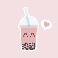 Cute Boba bubble milk tea with tapioca. Pearl milk tea, black delicious pearls is Taiwanese famous. Popular drink. Vector illustration sketch. Character Cartoon. Cute Sticker. Kawaii cartoon Emoji.