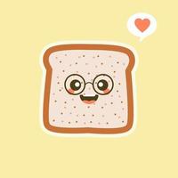 Vector divertido dibujo animado lindo pan rebanado personaje aislado sobre fondo de color. mascota de la etiqueta de panadería. icono de ilustración de personaje de caricatura plana vectorial. tostadas, tarjeta de buenos días, concepto de desayuno