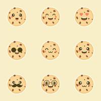 Cute cartoon chocolate chip cookie character with funny face. Cute happy cookie mascot vector illustration isolated on white. Kids menu design concept. Smiling and surprised face food emoticon