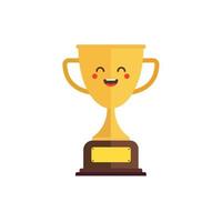 Kawaii and Cute Gold Trophy Vector Icon Illustration. Golden Goblet With Kawaii Face Sport Icon Concept White Isolated. Flat Cartoon Style Suitable for Web Landing Page, Banner, Sticker, Background