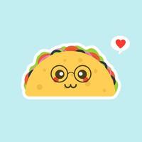 Vector illustration with mexican tacos kawaii food. The tortilla is going to tacos. Cute cartoon illustration isolated on color background.