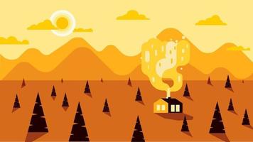 paisaje llano de montaña. ilustración de paisaje rural de diseño plano con una casa de campo, tierra cultivable, colinas y montañas. escena del pueblo vista lateral del campo