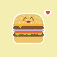 Happy smiling funny cute burger. Vector flat cartoon character illustration icon design. Isolated on color background. Burger, fast food cafe, junk food, restaurant, resto