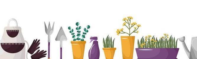 Beautiful vector banner gardening and gardening, hobby with tool, plant, seedlings, herbs, apron, gloves, watering, sprayer, shovel and rake. For the use of advertising, poster, background, stickers.