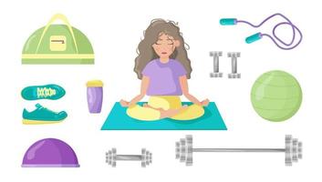 Set of vector sports equipment. The girl is sitting doing yoga, fitness, stretching. Collection of sport elements dumbbells, jump rope, aerobic ball, mat, bag, sneakers isolated on a white background.