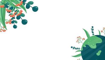 el día de la tierra es el 22 de abril. banner día internacional de la madre tierra. protección del medio ambiente. ilustración vectorial en estilo de dibujos animados del globo, flores, hojas. para imprimir pegatinas, carteles, postales. vector