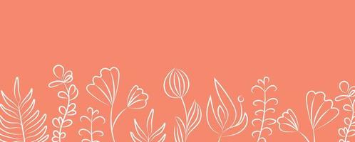 Vector linear abstract banner. Wallpaper in a minimalist style for spring and summer with botanical leaves and flowers, organic shapes. For poster, poster, background, postcard, website and packaging.